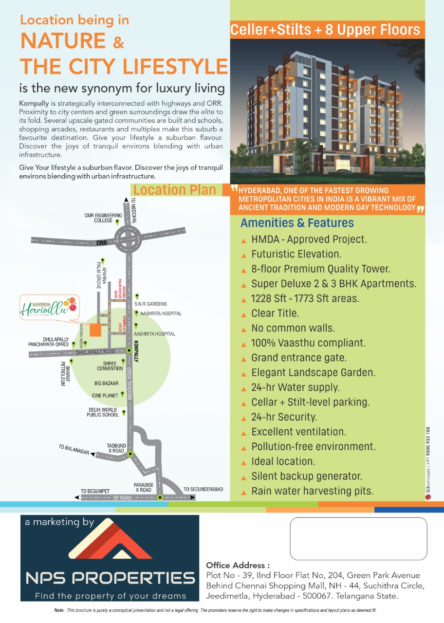 2 BHK East Facing Apartment is available for Sale at Dhulapally Road, Kompally , Hyderabad